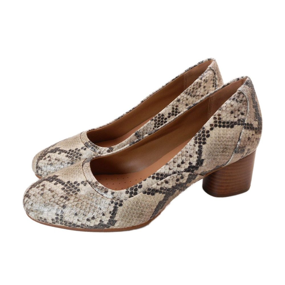 Clarks Snake-Print Block Heel Pumps - Beige & Brown